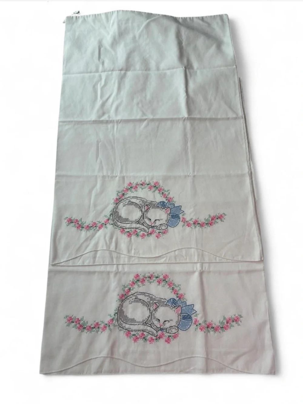 Hand Embroidered Sleeping Kitten Pillowcase Set of 2 Floral Bows Cross Stitched